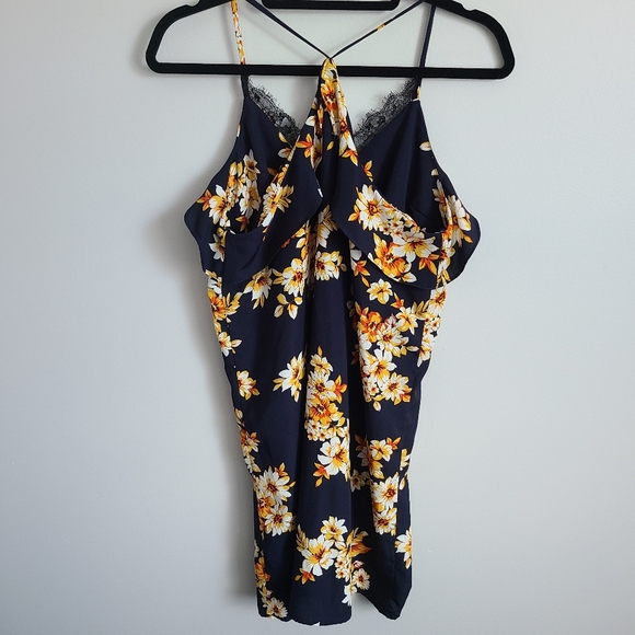MONTEAU Navy Blue &Yellow  Floral Halter Dress - Picture 2 of 8